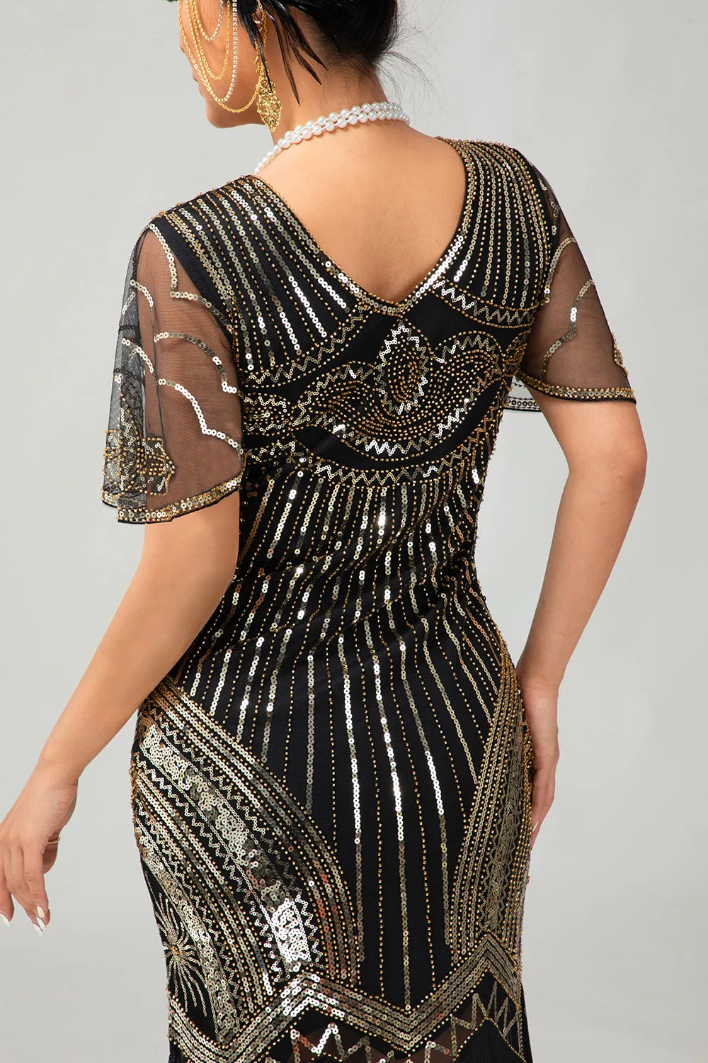 Black Golden Sequin Bodycon 1920s Flapper Dress with Tassles sold by Zapaka product image thumbnail 5