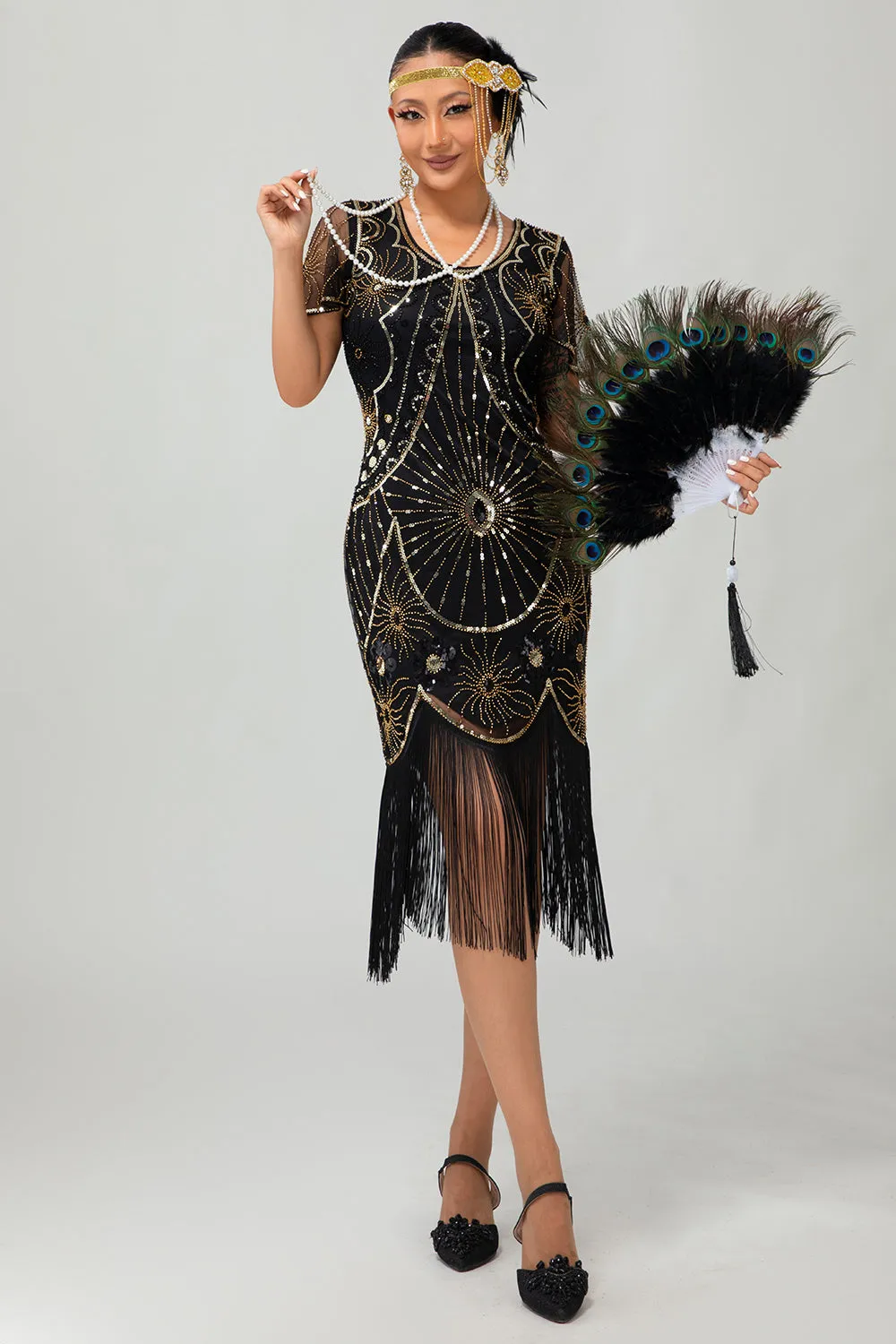 Beaded Black Golden Fringed Bodycon 1920s Dress sold by Zapaka product image thumbnail 5