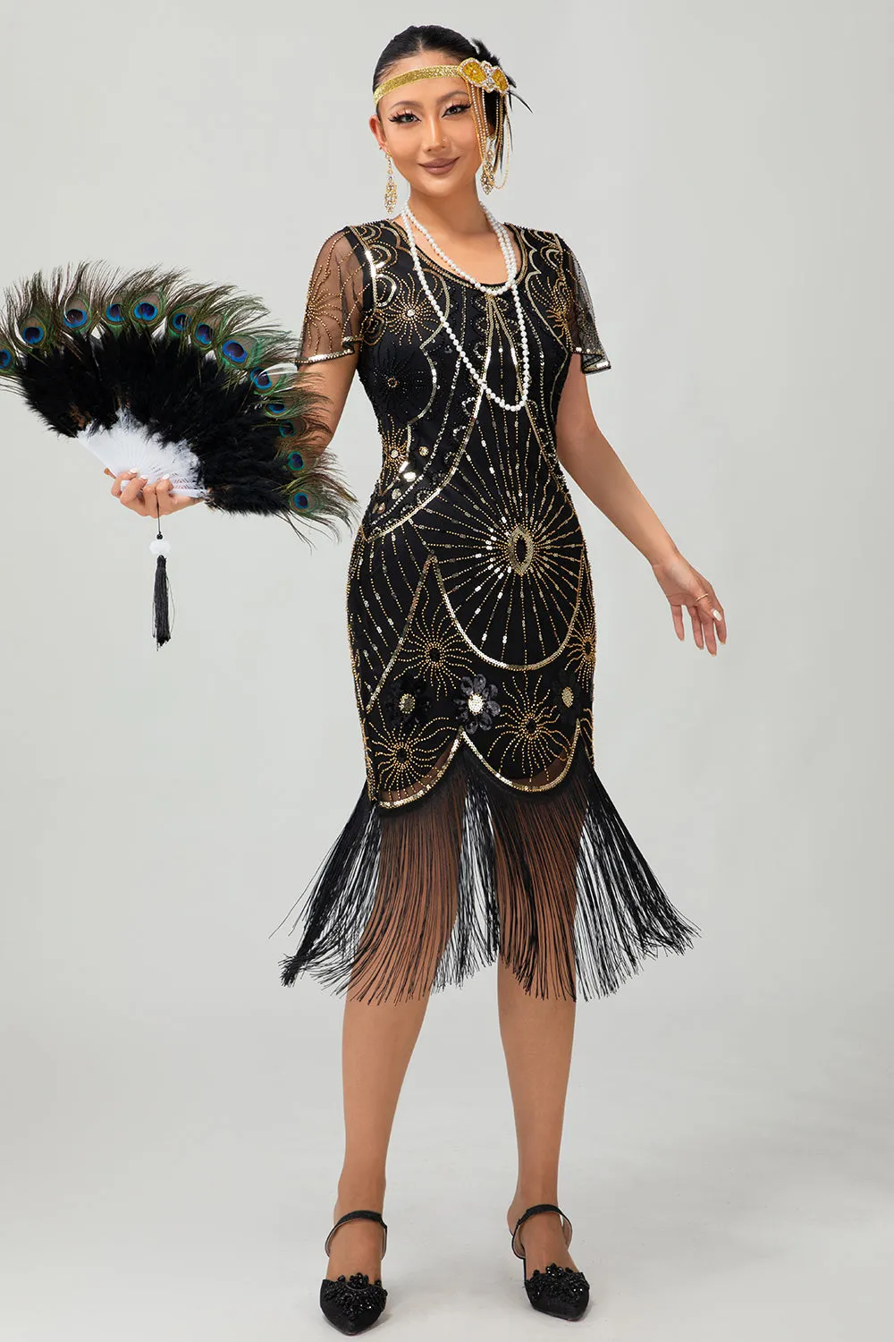Beaded Black Golden Fringed Bodycon 1920s Dress sold by Zapaka product image thumbnail 3