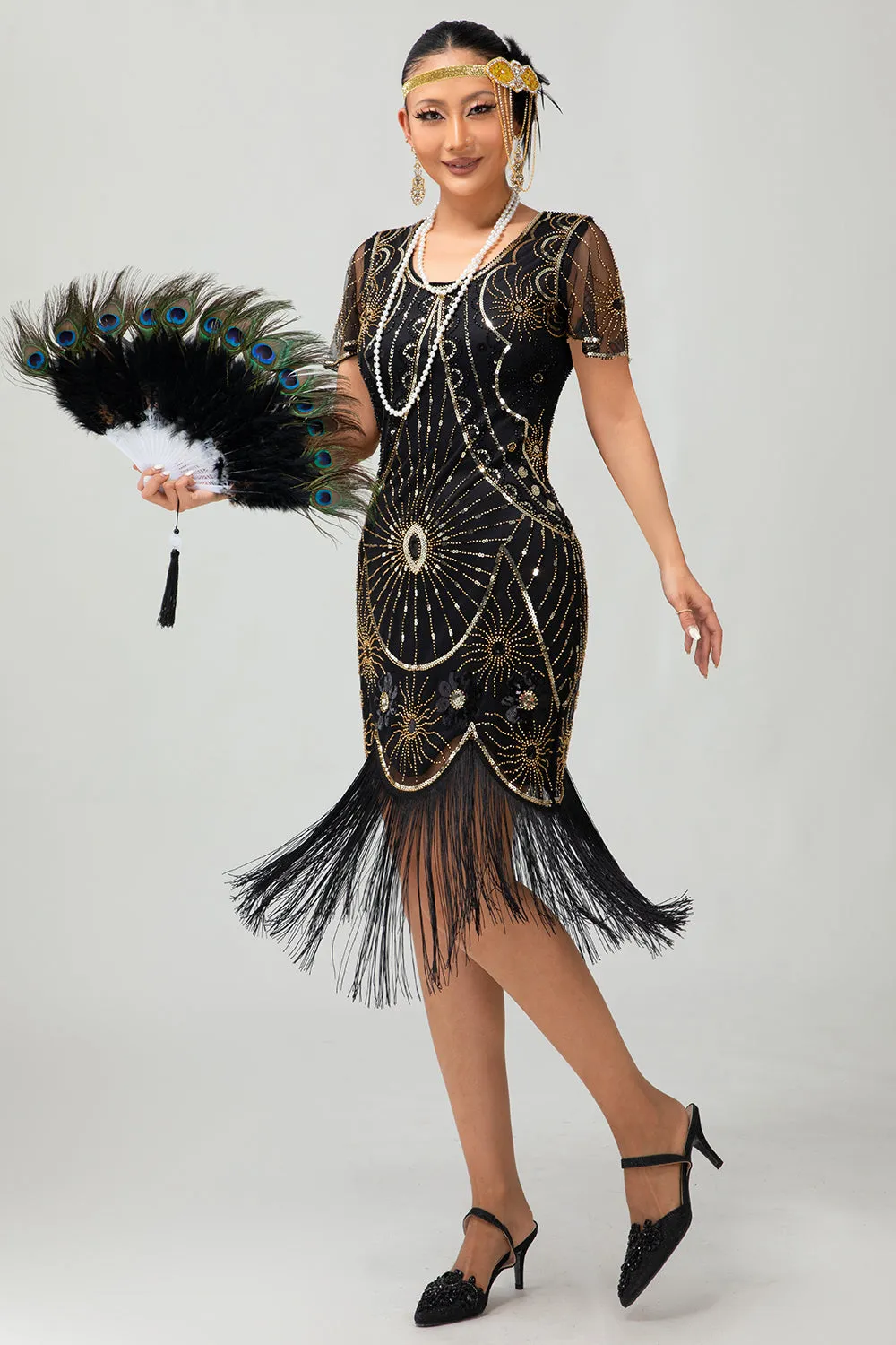 Beaded Black Golden Fringed Bodycon 1920s Dress sold by Zapaka