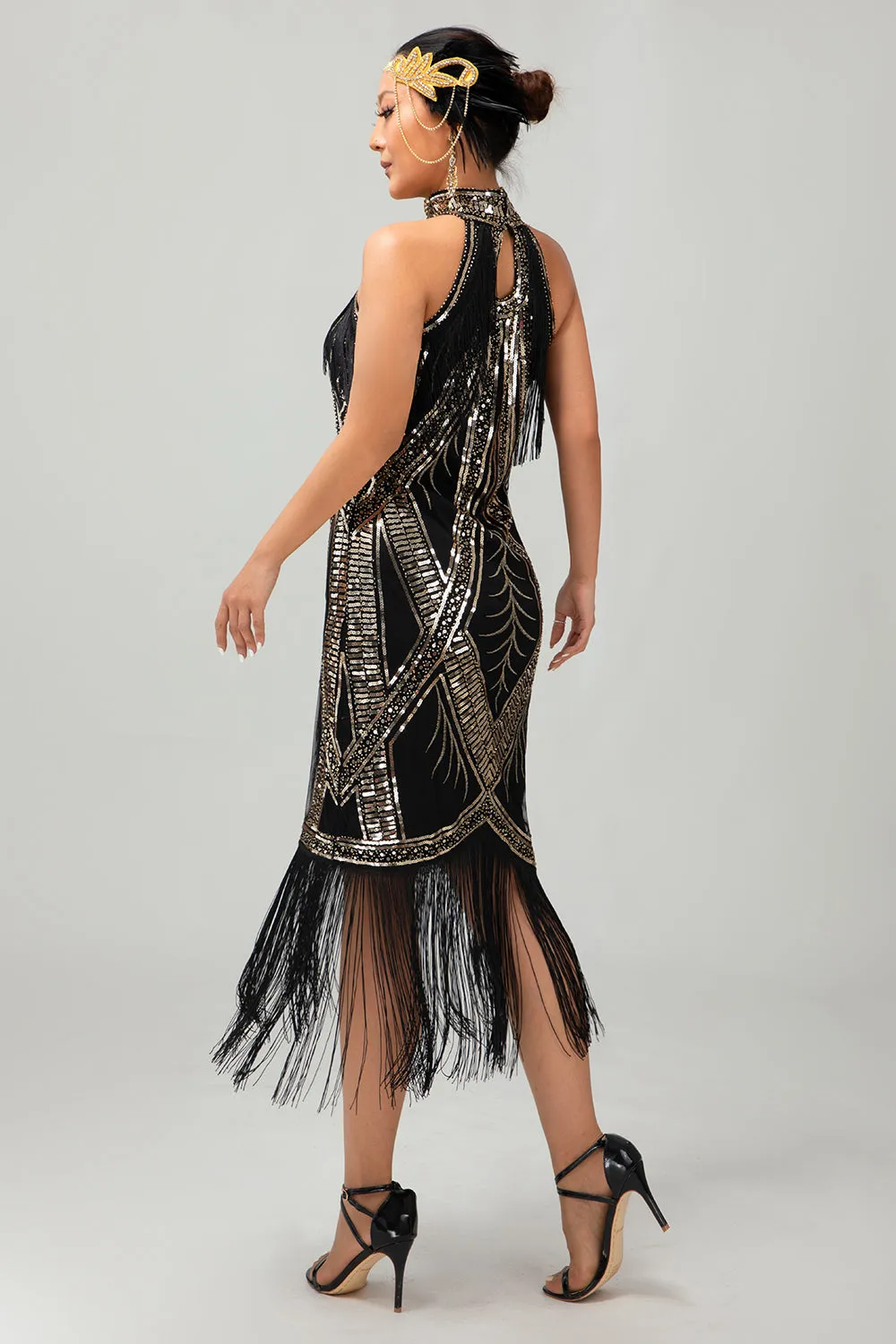 Bodycon Halter Black Golden Sequin 1920s Dress With Fringes sold by Zapaka product image thumbnail 2
