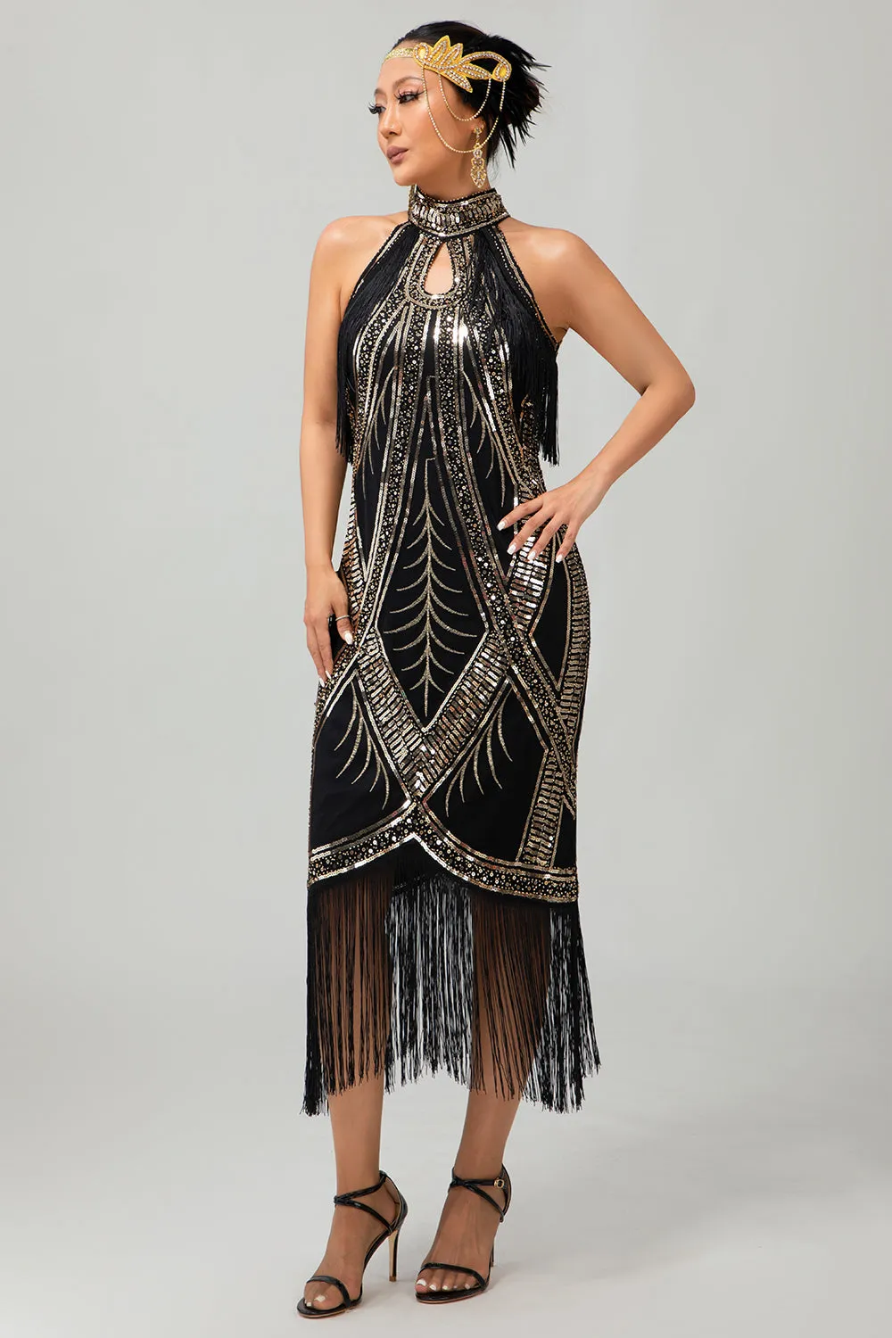 Bodycon Halter Black Golden Sequin 1920s Dress With Fringes sold by Zapaka product image thumbnail 5