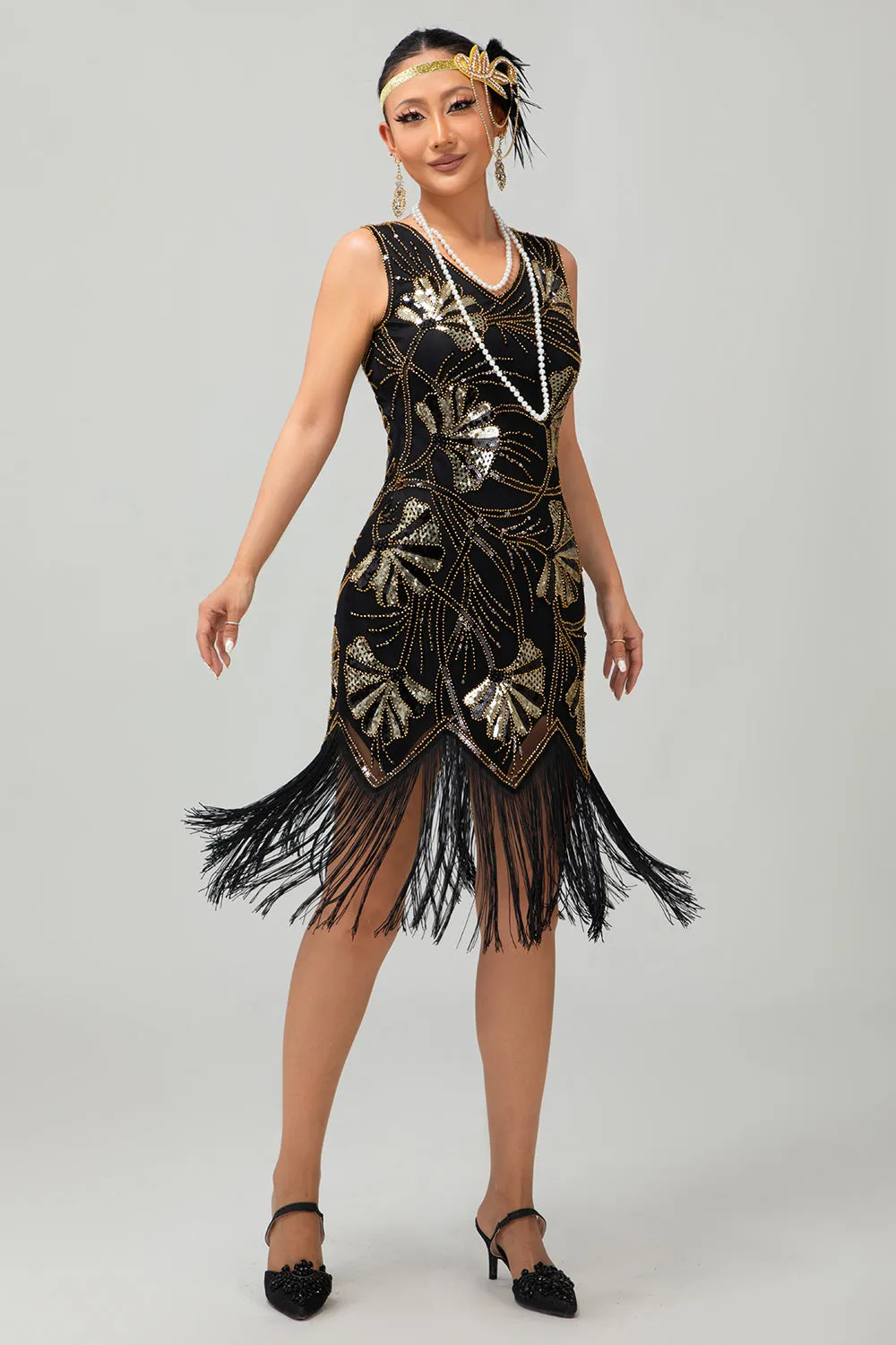 Sparkly Black Golden Fringed 1920s Dress sold by Zapaka