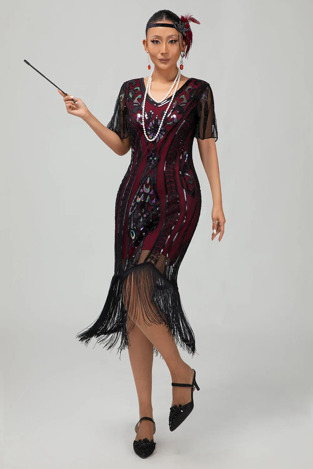 Flapper Burgundy Sequin Bodycon Fringed 1920s Dress sold by Zapaka product image thumbnail 3