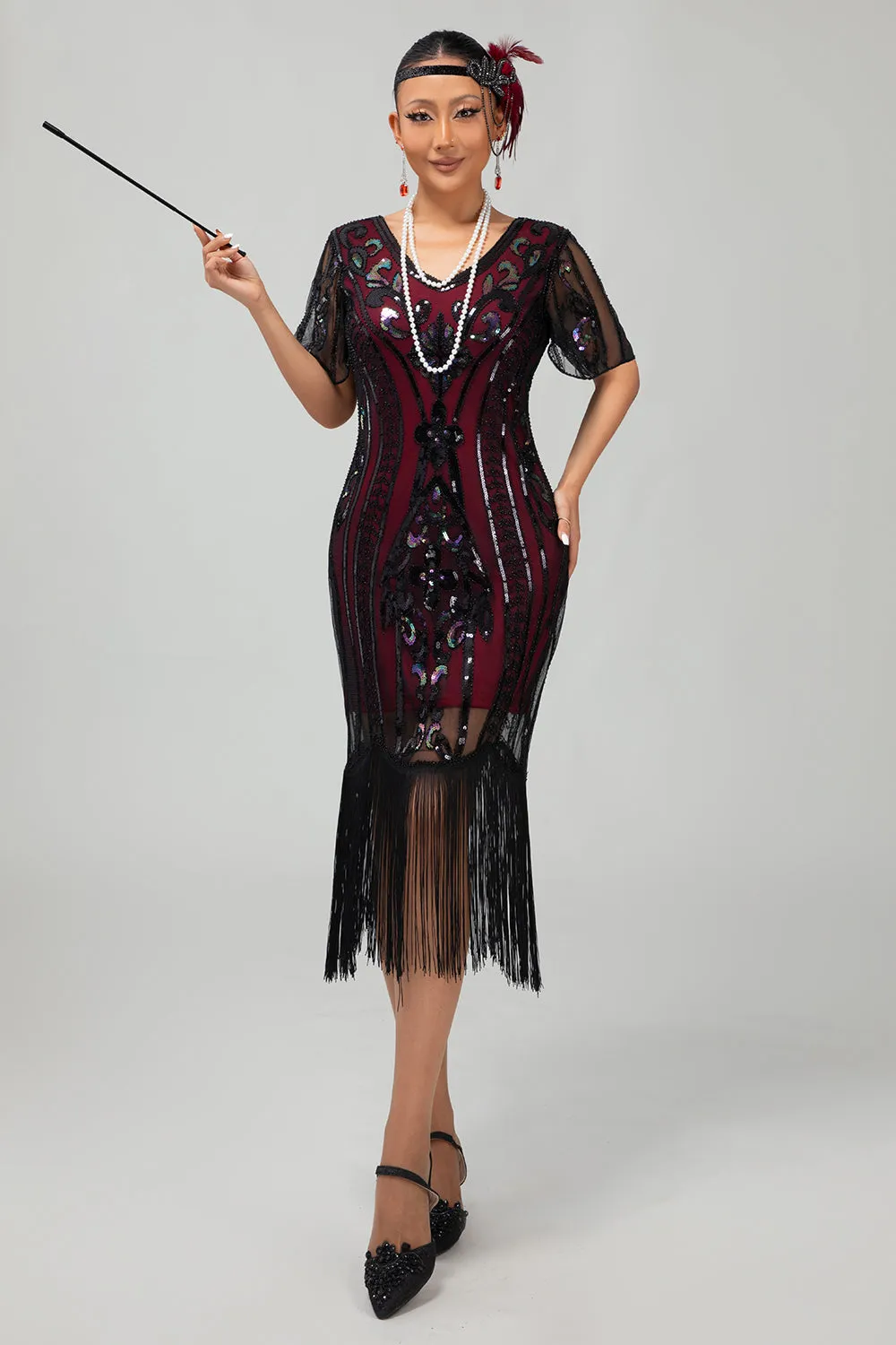 Flapper Burgundy Sequin Bodycon Fringed 1920s Dress sold by Zapaka product image thumbnail 4