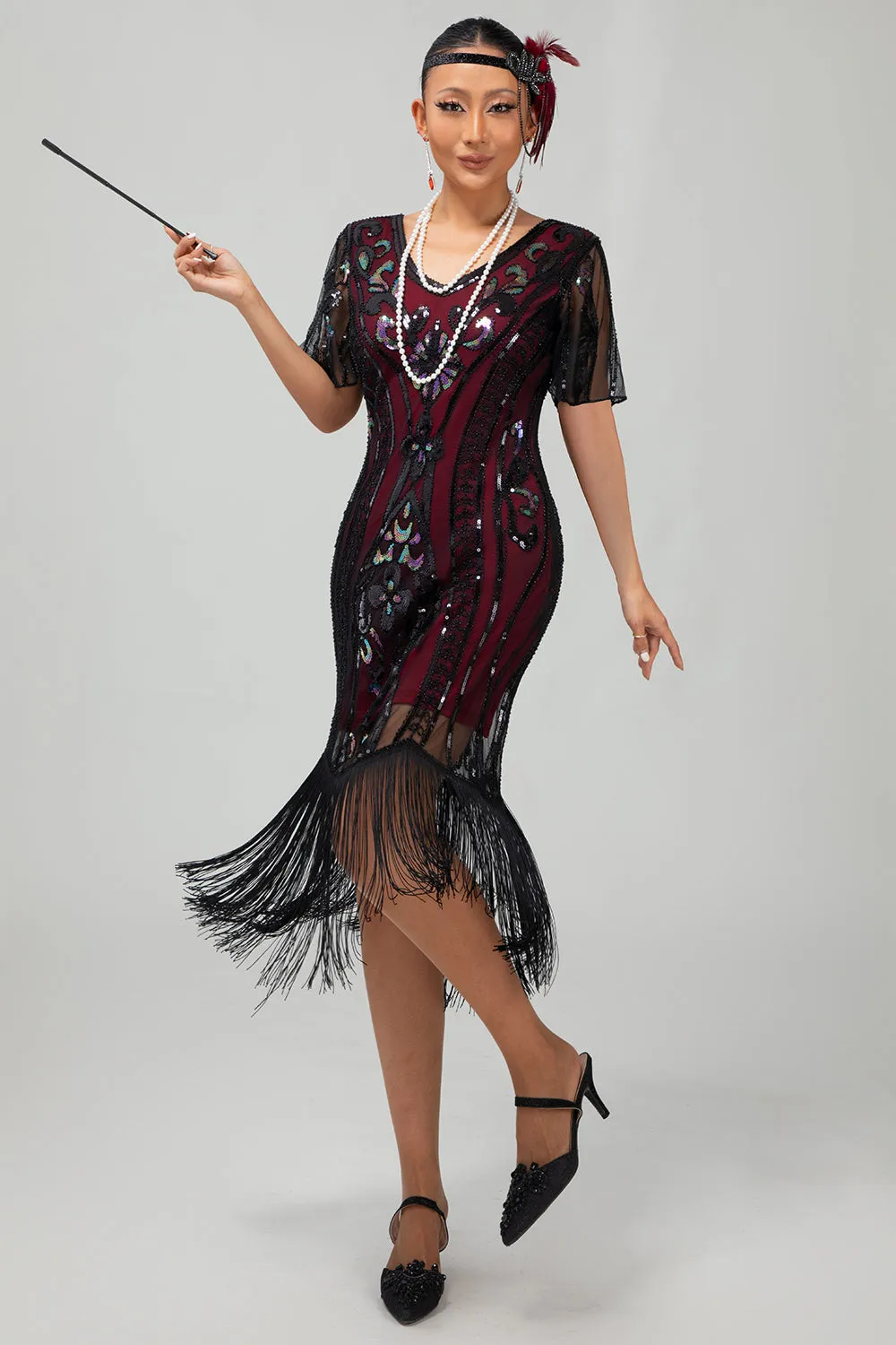 Flapper Burgundy Sequin Bodycon Fringed 1920s Dress sold by Zapaka