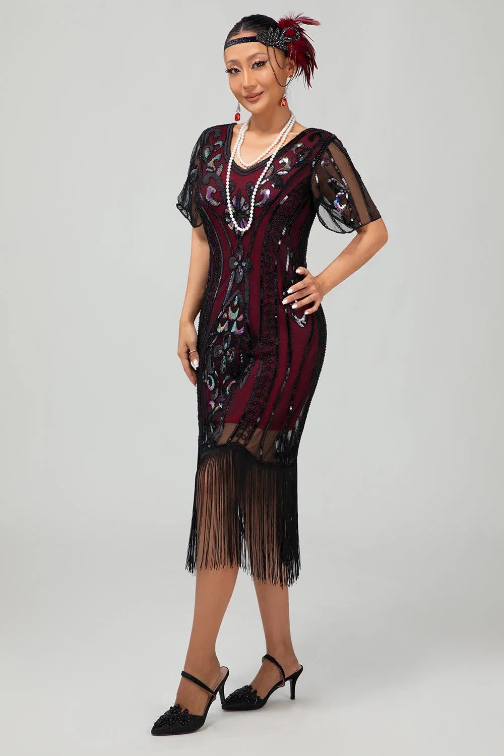 Flapper Burgundy Sequin Bodycon Fringed 1920s Dress sold by Zapaka product image thumbnail 5