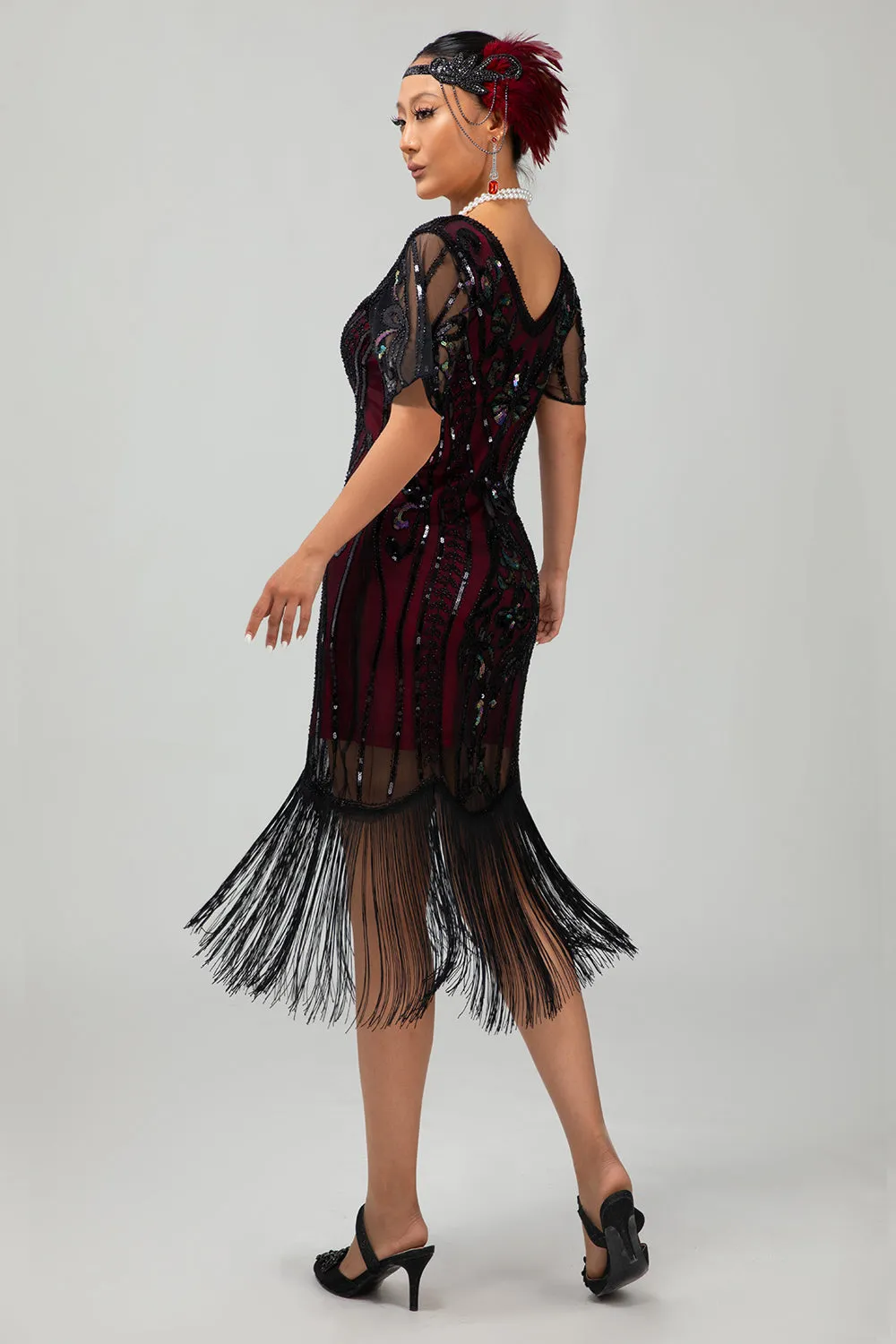 Flapper Burgundy Sequin Bodycon Fringed 1920s Dress sold by Zapaka product image thumbnail 2