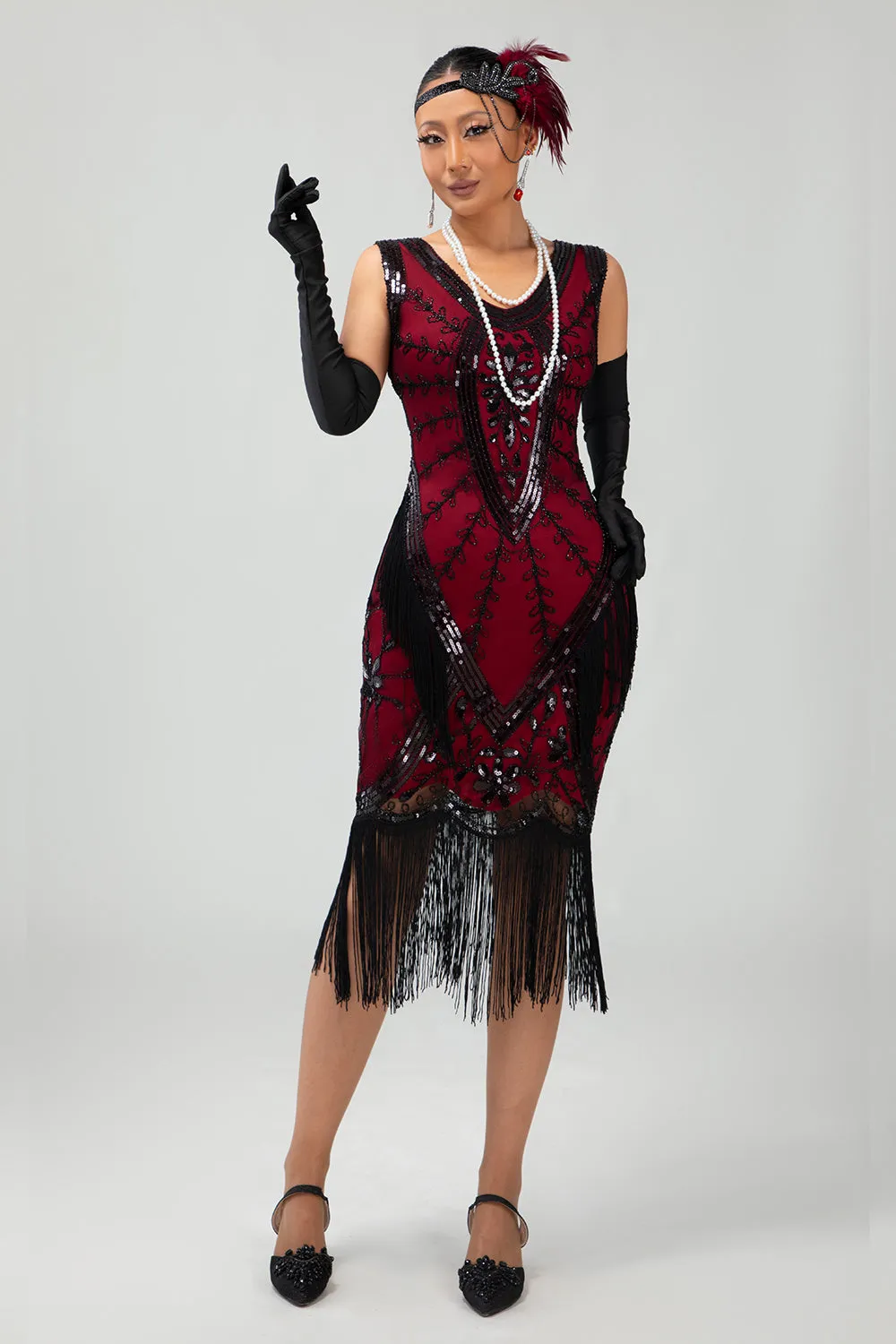 Fringed Black Red Sequin 1920s Dress with 5-Piece Accessory Set sold by Zapaka product image thumbnail 5