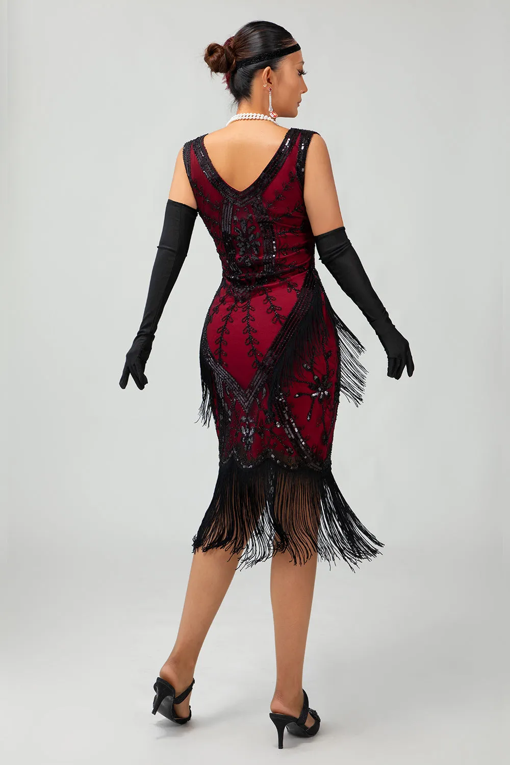 Fringed Black Red Sequin 1920s Dress with 5-Piece Accessory Set sold by Zapaka product image thumbnail 2