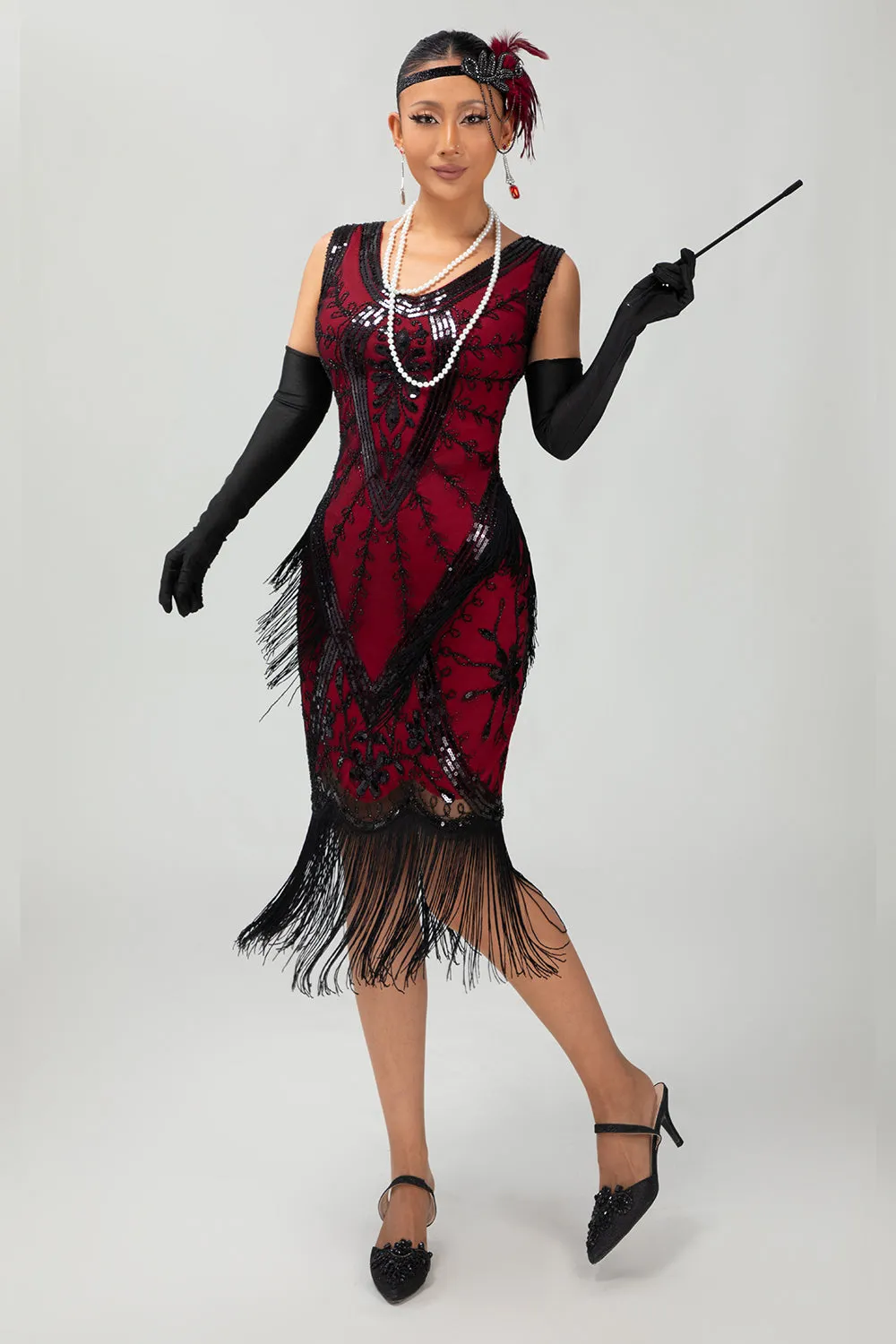 Fringed Black Red Sequin 1920s Dress with 5-Piece Accessory Set sold by Zapaka product image thumbnail 3
