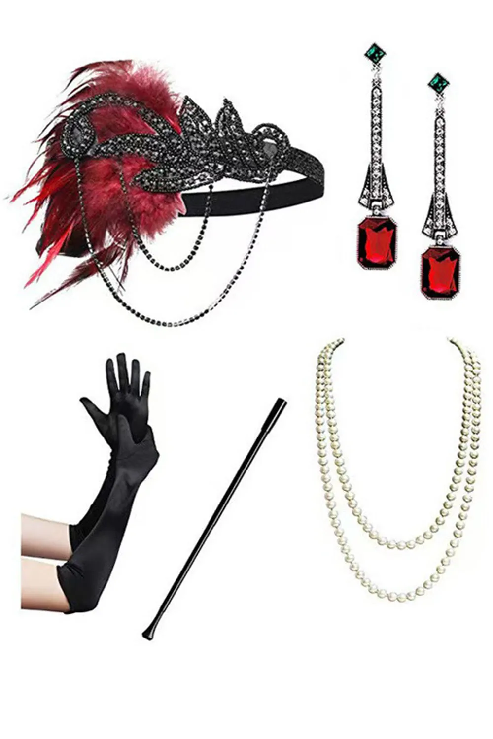 Fringed Black Red Sequin 1920s Dress with 5-Piece Accessory Set sold by Zapaka product image thumbnail 4