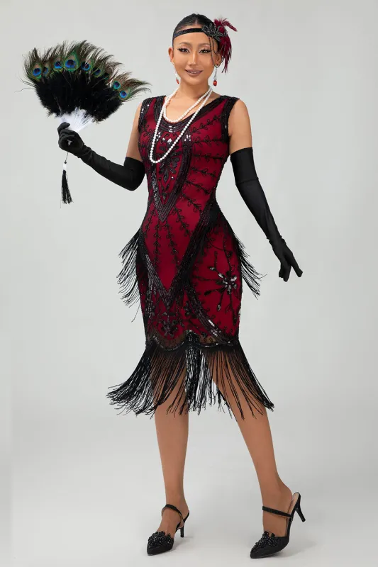 Fringed Black Red Sequin 1920s Dress with 5-Piece Accessory Set sold by Zapaka