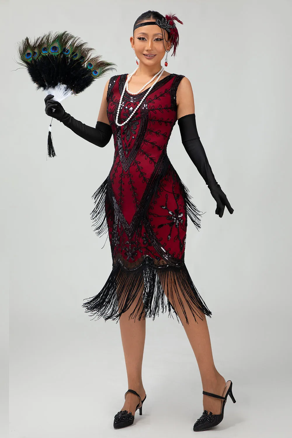 Fringed Black Red Sequin 1920s Dress with 5-Piece Accessory Set sold by Zapaka