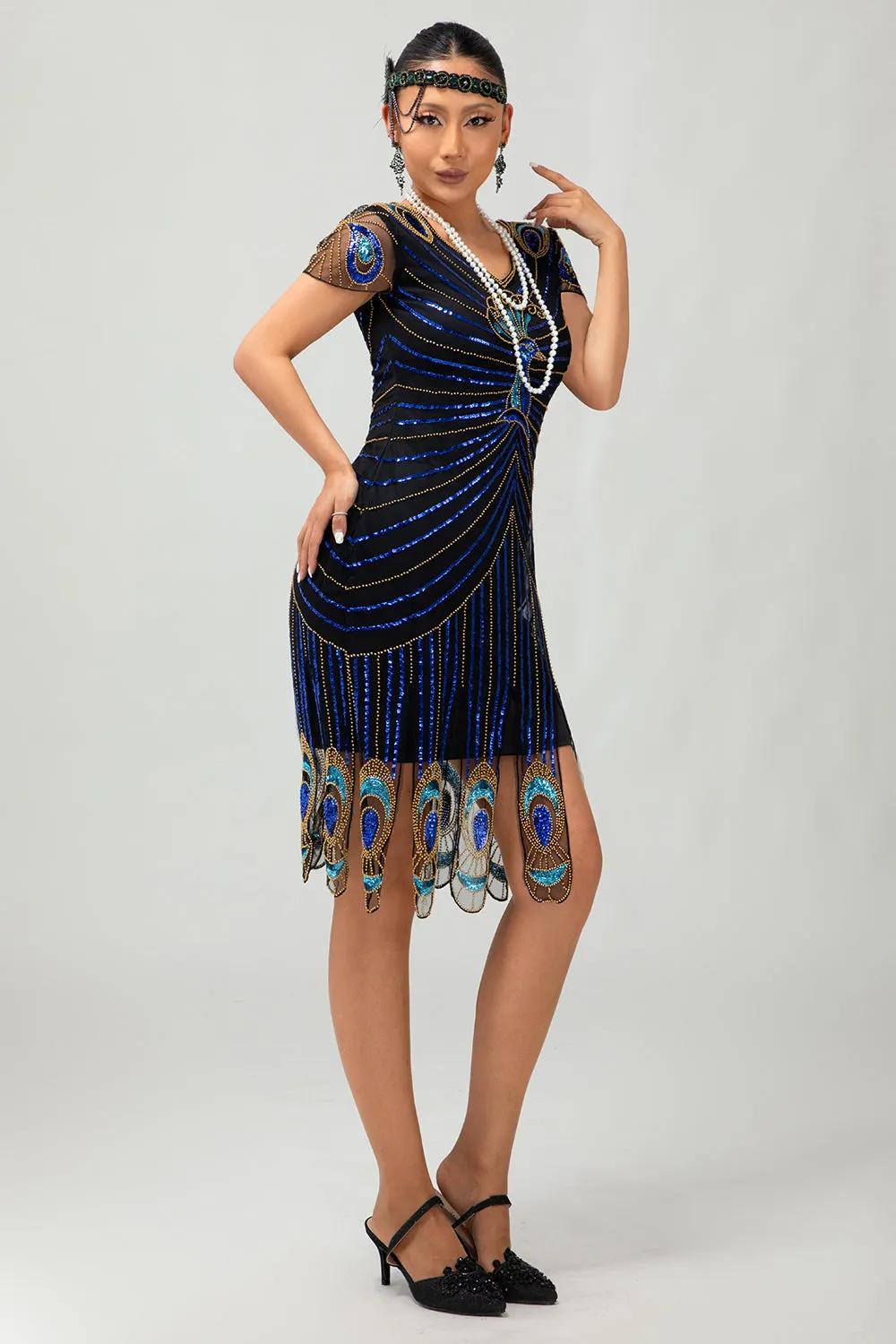 Sequin Black Blue 1920s Bodycon Gatsby Dress with Short Sleeves sold by Zapaka product image thumbnail 5