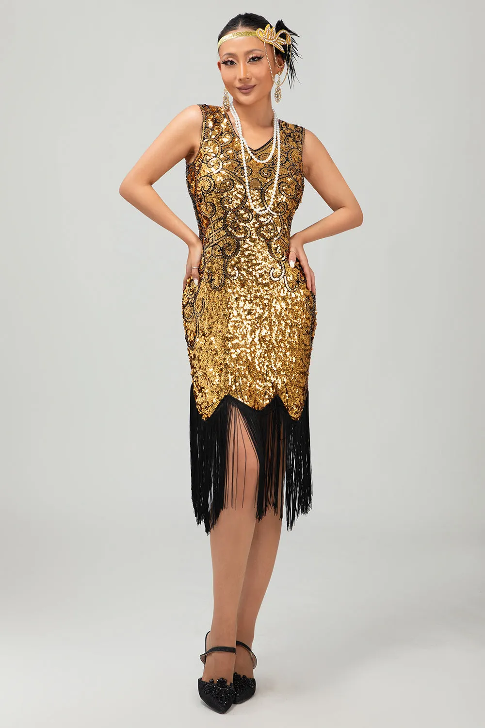 Sparkly Black Golden V Neck Bodycon 1920s Dress with Fringes sold by Zapaka product image thumbnail 5