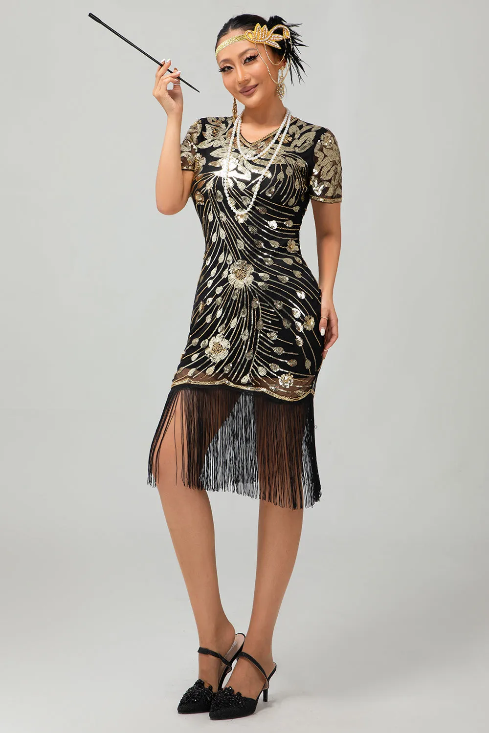 Black Golden Gatsby Sequin 1920s Dress With Fringes sold by Zapaka product image thumbnail 5