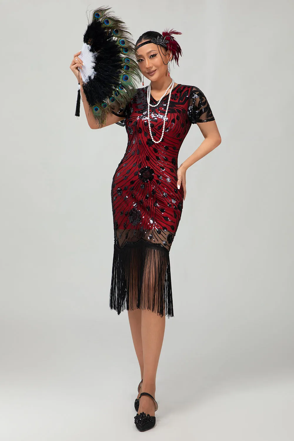 Black Red Fringed 1920s Sequin Flapper Dress sold by Zapaka product image thumbnail 3