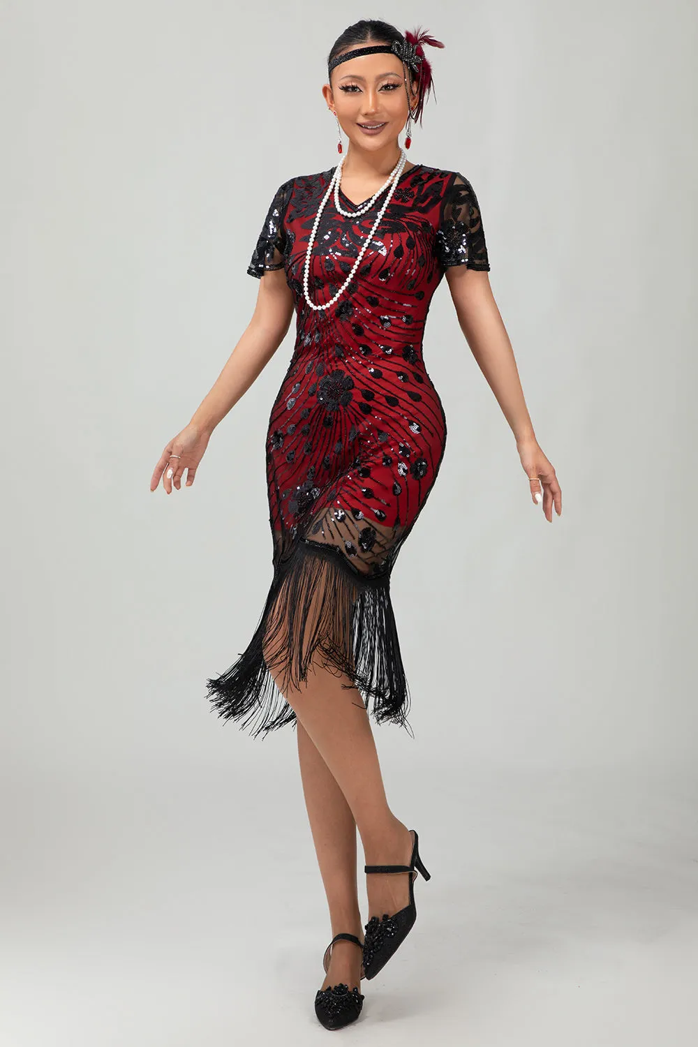 Black Red Fringed 1920s Sequin Flapper Dress sold by Zapaka product image thumbnail 5