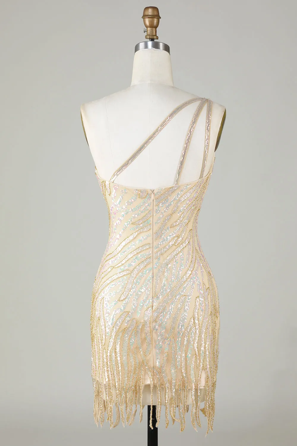 Sparkly Sheath One Shoulder Golden Sequins Short Homecoming Dress with Tassel sold by Zapaka product image thumbnail 2