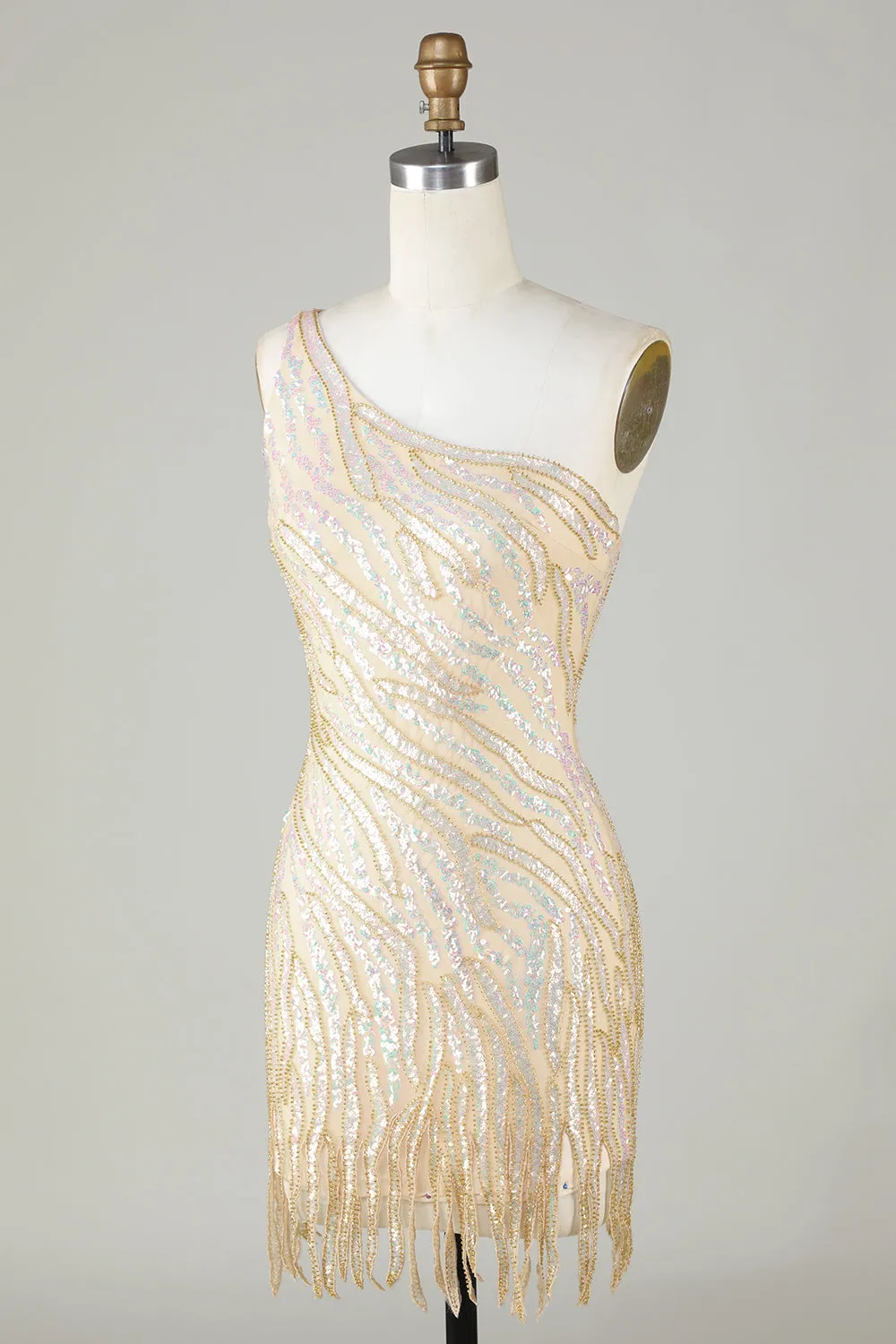 Sparkly Sheath One Shoulder Golden Sequins Short Homecoming Dress with Tassel sold by Zapaka product image thumbnail 3