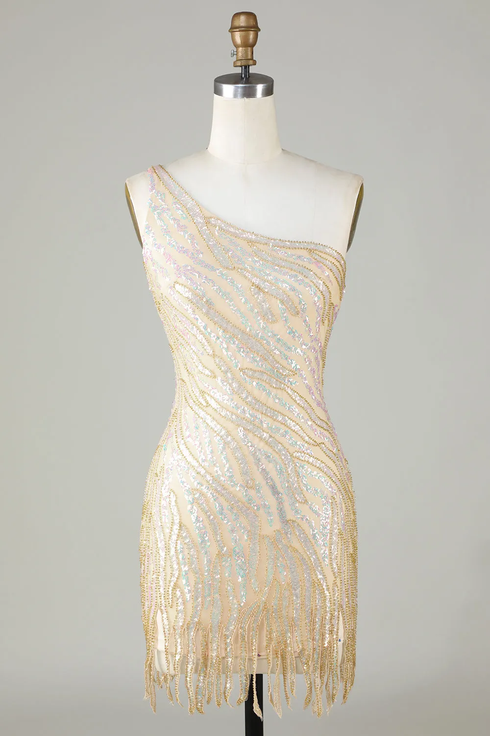 Sparkly Sheath One Shoulder Golden Sequins Short Homecoming Dress with Tassel sold by Zapaka