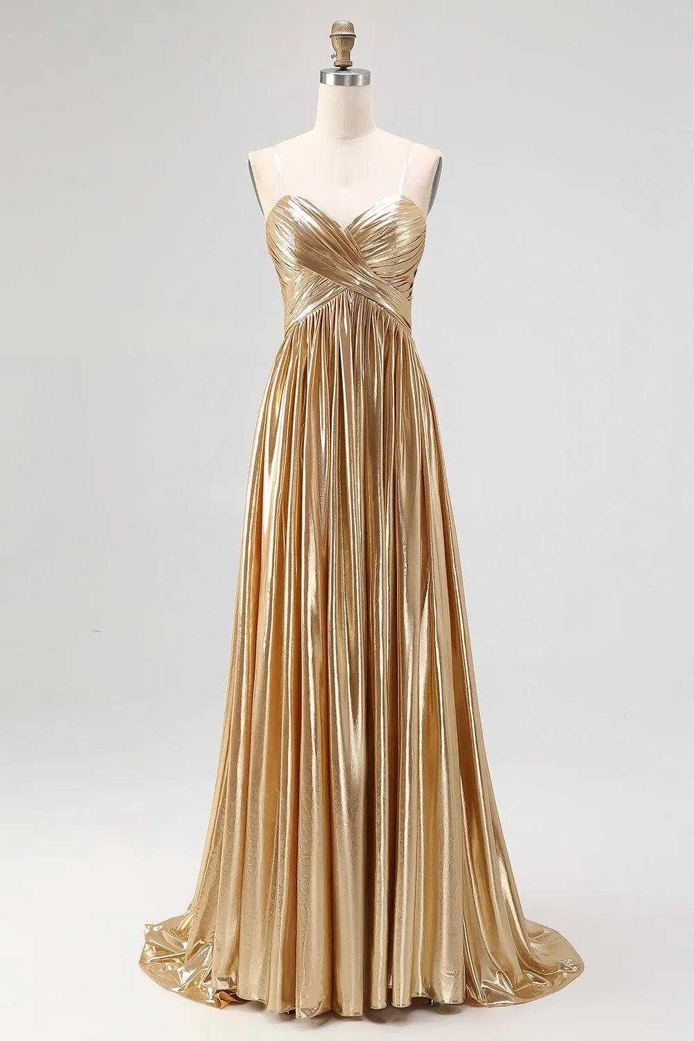 Chic Gold A Line Deep-V Neck Satin Long Prom Dress sold by Zapaka