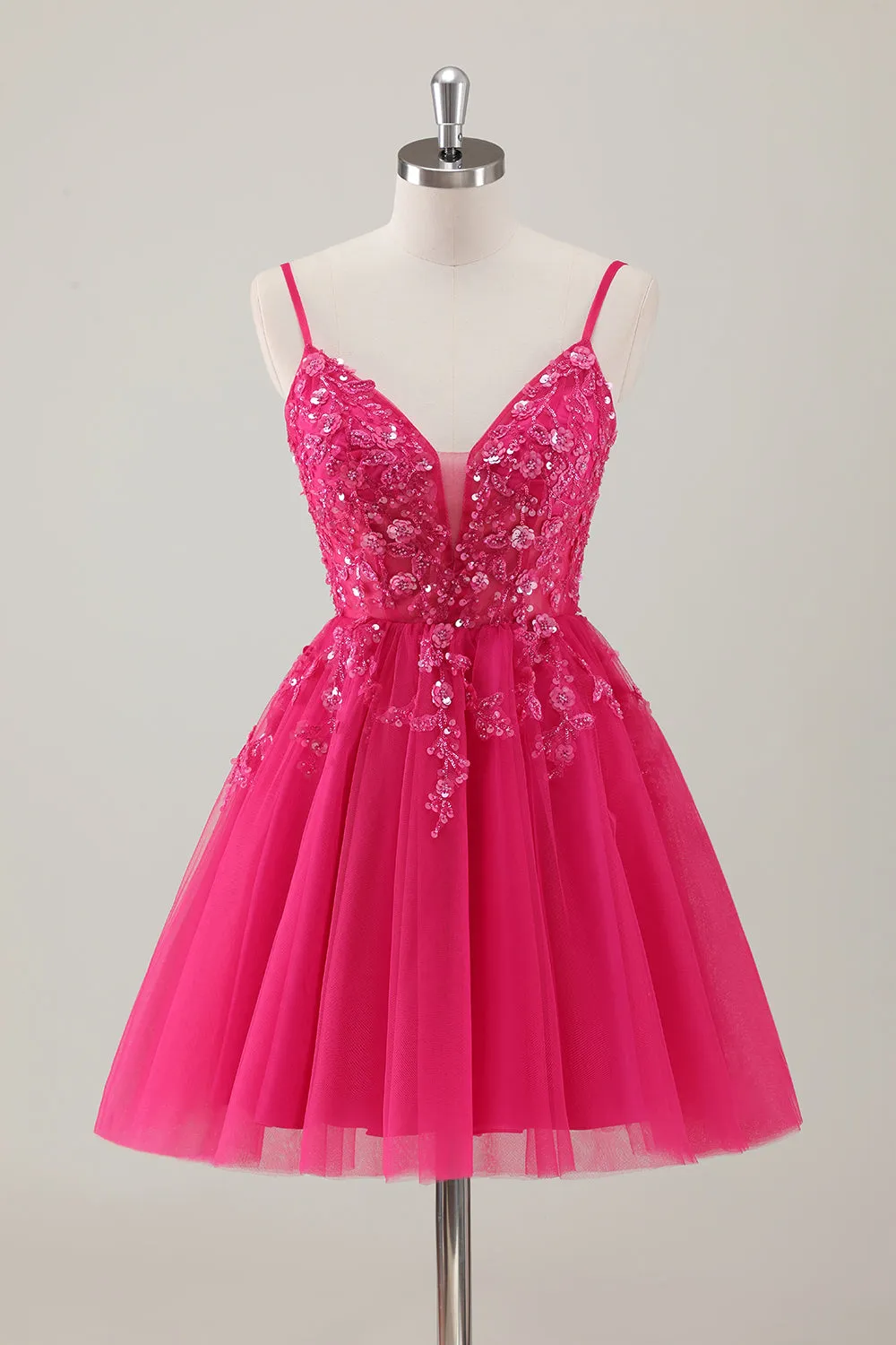 Fuchsia A-Line Spaghetti Straps Sequins Short Homecoming Dress with Appliques sold by Zapaka
