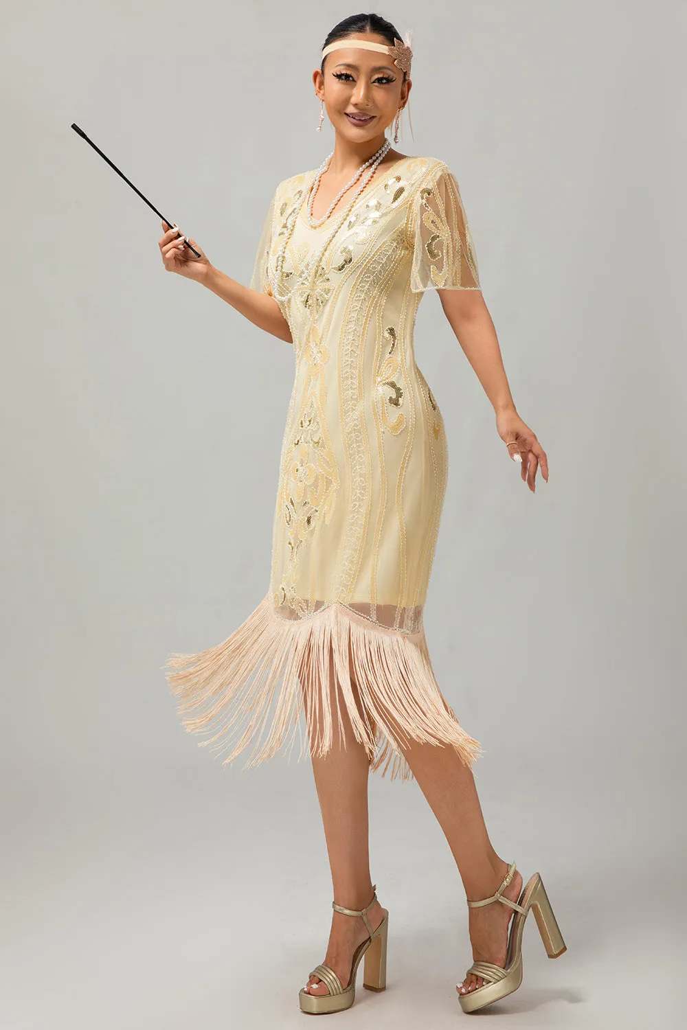 Apricot Fringed Sequin 1920s Flapper Dress with Short Sleeves sold by Zapaka product image thumbnail 3