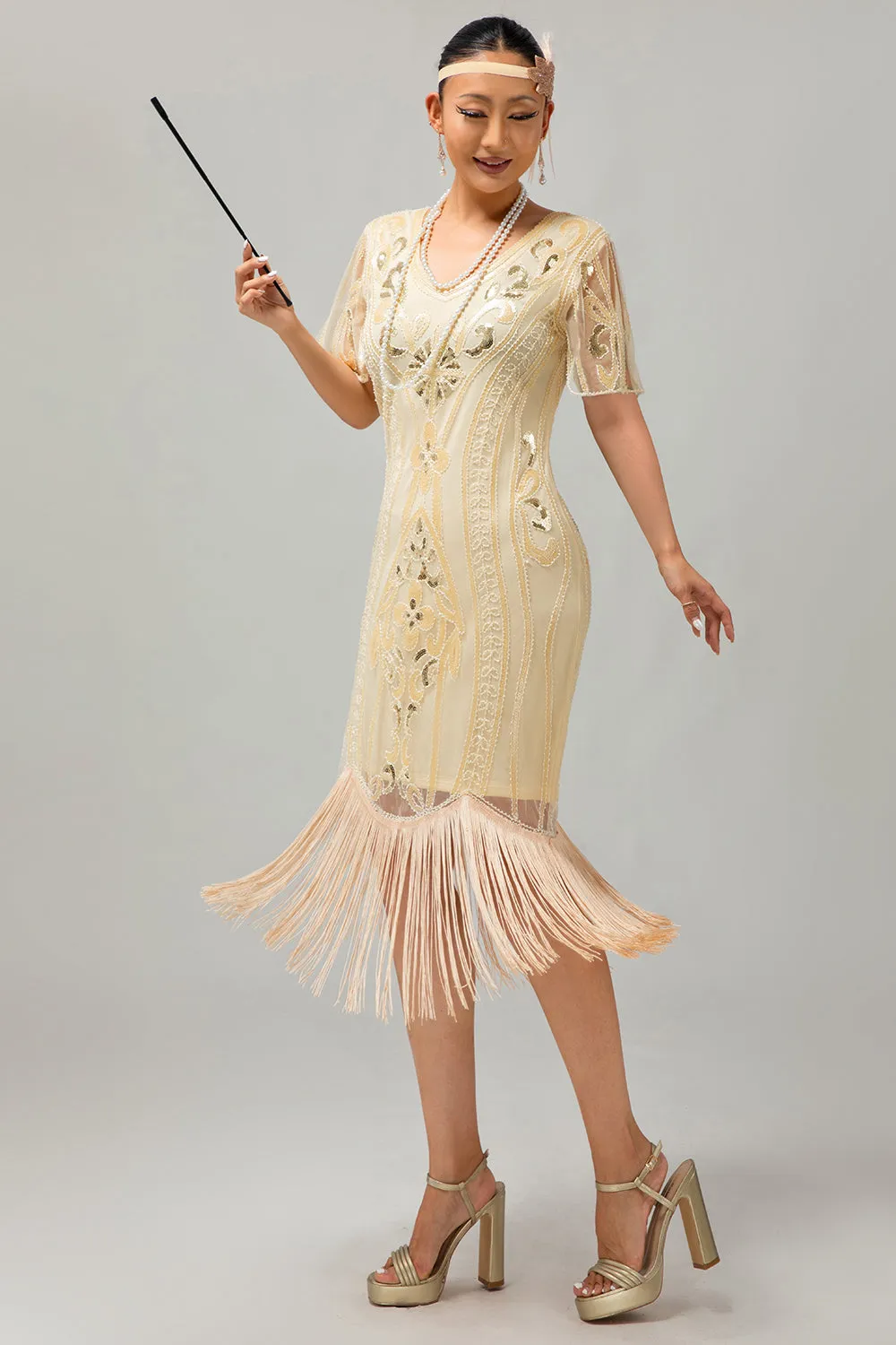 Apricot Fringed Sequin 1920s Flapper Dress with Short Sleeves sold by Zapaka product image thumbnail 5