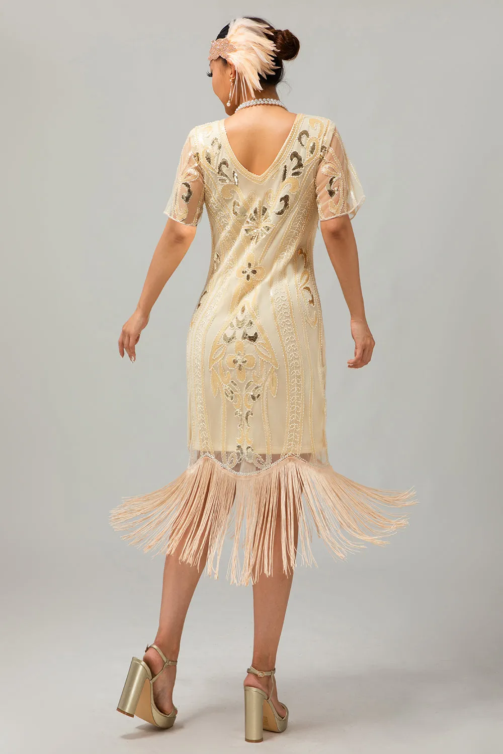 Apricot Fringed Sequin 1920s Flapper Dress with Short Sleeves sold by Zapaka product image thumbnail 2