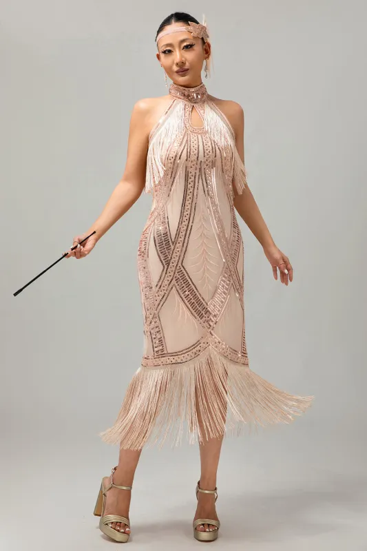 Champagne Halter Sequin Keyhole Fringed 1920s Dress sold by Zapaka