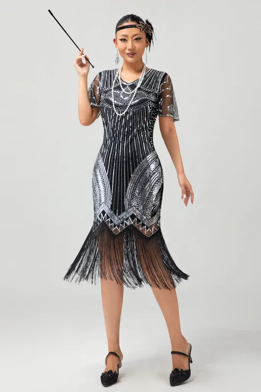 Black Silver Sequin V Neck Bodycon 1920s Dress with Tassels sold by Zapaka