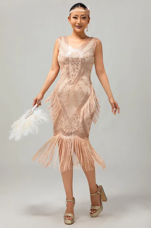 Champagne Fringed Sequins 1920s Dress with 5-Piece Accessory Set sold by Zapaka