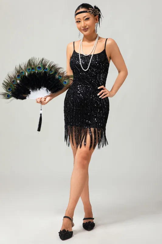 Sparkly Black Sequin Gatsby Short 1920s Dress With Fringes sold by Zapaka