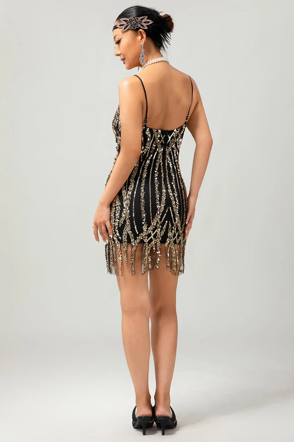 Black Golden Sequin Gatsby Short 1920s Dress with Fringes sold by Zapaka product image thumbnail 2