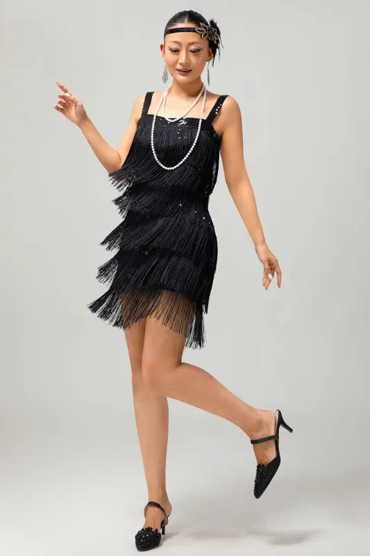 Black Sequin Gatsby Bodycon Short 1920s Dress with Fringes sold by Zapaka