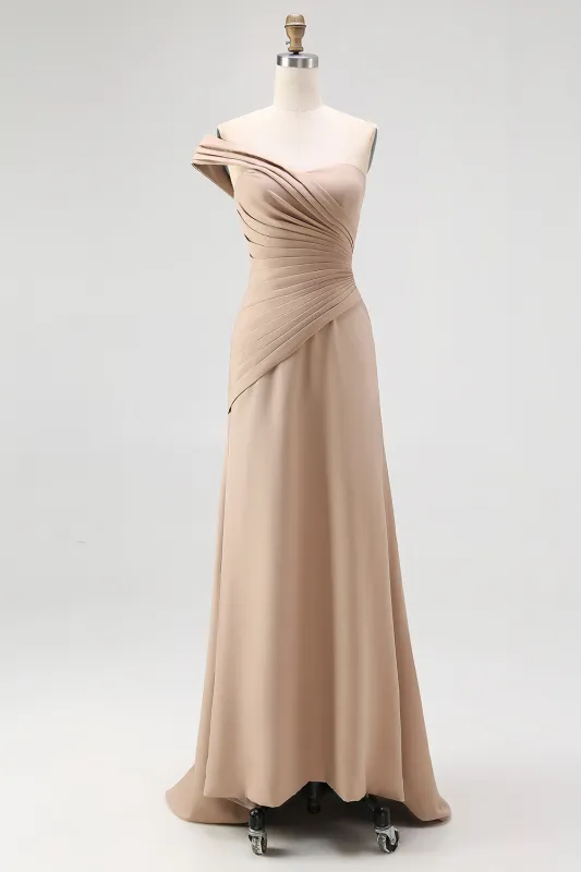 One Shoulder Light Khaki Jersey Sheath Pleated Gala Dress sold by Zapaka
