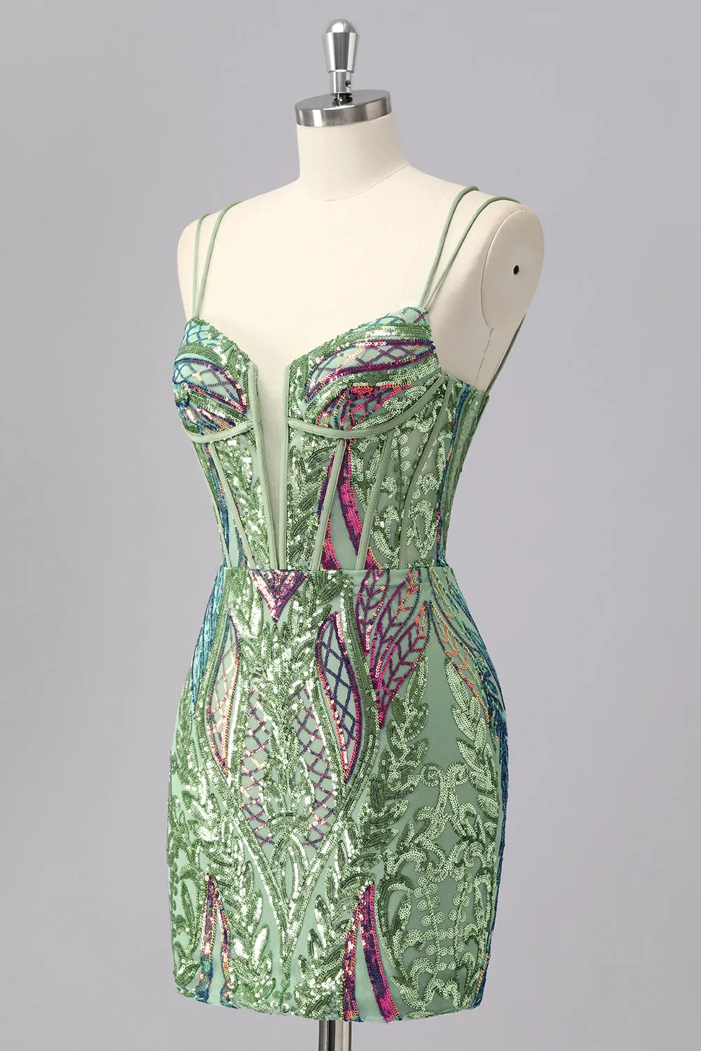 Green Corset Spaghetti Straps Homecoming Dress With Sequins sold by Zapaka product image thumbnail 3
