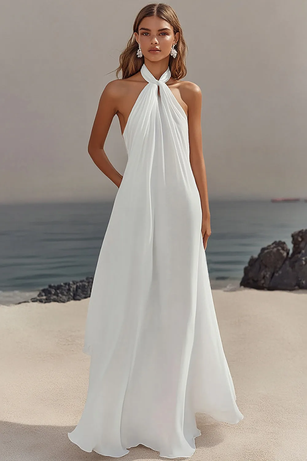 Sheath Halter Chiffon White Long Boho Beach Dress sold by Zapaka product image thumbnail 3