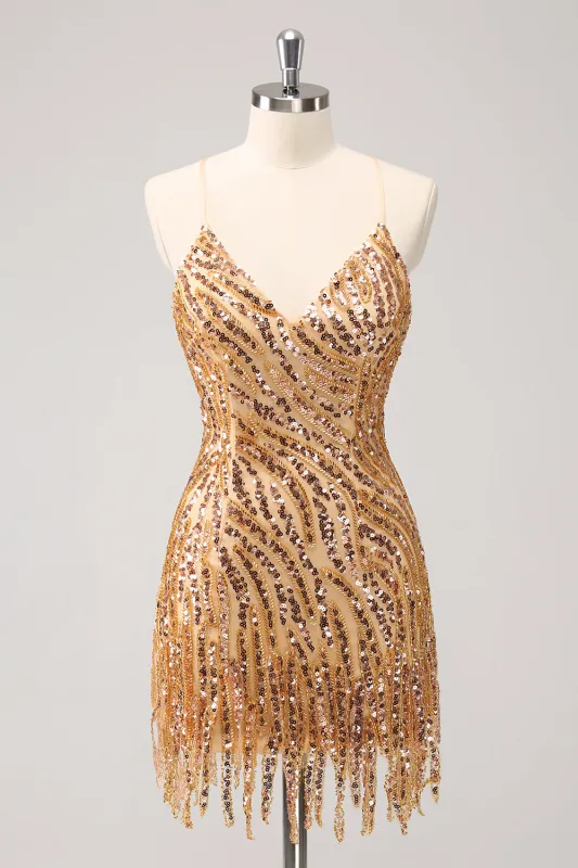 Sparkly Gold Tight Sequins V Neck Homecoming Dress with Fringes sold by Zapaka