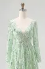 Sparkly Dusty Sage Sequin A-Line Prom Dress with Long Sleeves sold by Zapaka