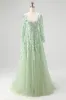 Sparkly Dusty Sage Sequin A-Line Prom Dress with Long Sleeves sold by Zapaka