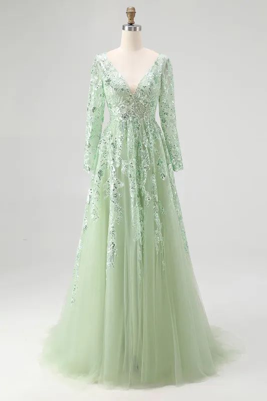 Sparkly Dusty Sage Sequin A-Line Prom Dress with Long Sleeves sold by Zapaka
