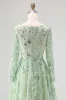 Sparkly Dusty Sage Sequin A-Line Prom Dress with Long Sleeves sold by Zapaka