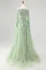 Sparkly Dusty Sage Sequin A-Line Prom Dress with Long Sleeves sold by Zapaka