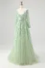 Sparkly Dusty Sage Sequin A-Line Prom Dress with Long Sleeves sold by Zapaka