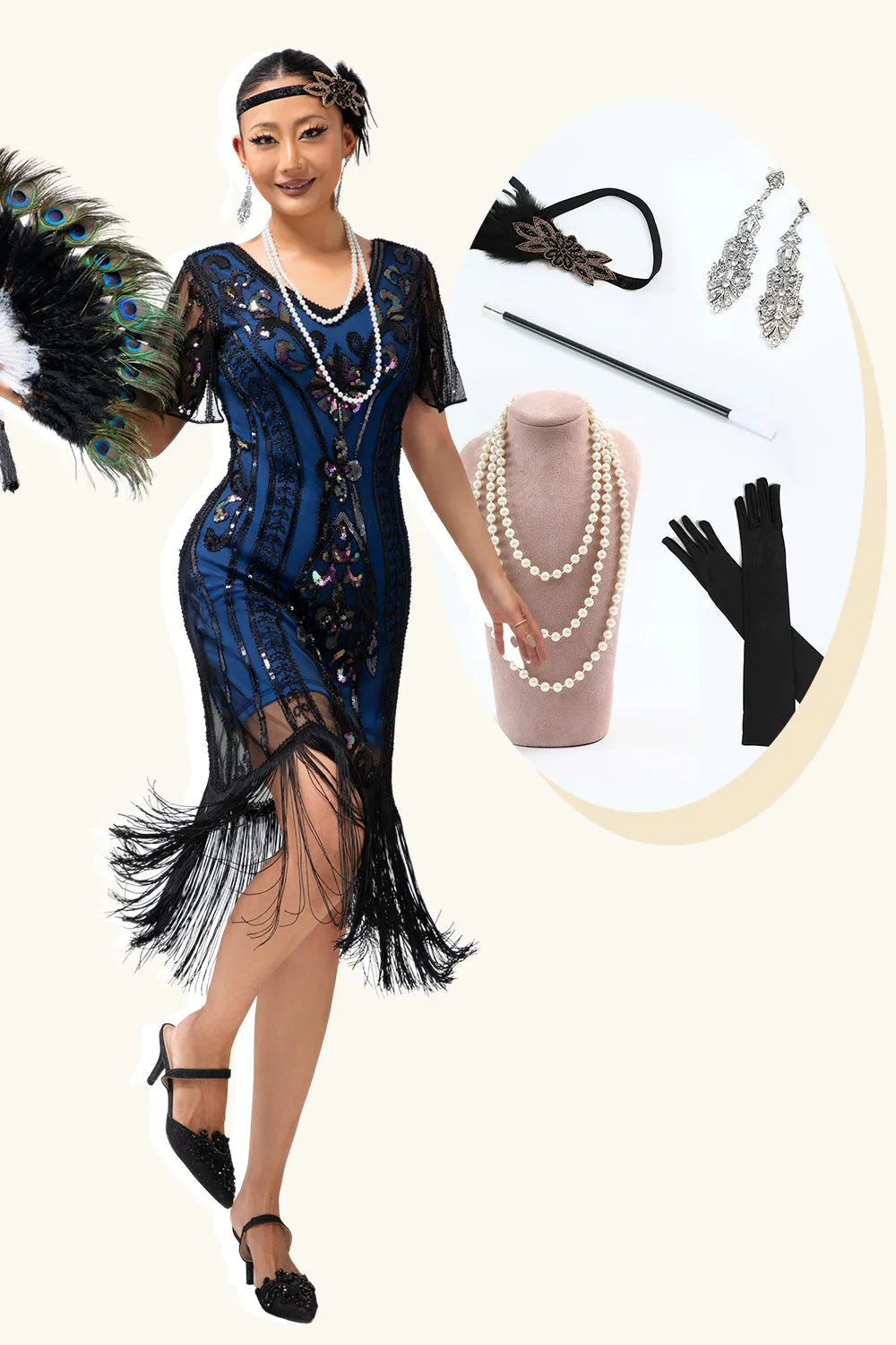 Black Blue Sequin Fringe Scoop Neck 1920s Dress with 5-Piece Accessories Set sold by Zapaka