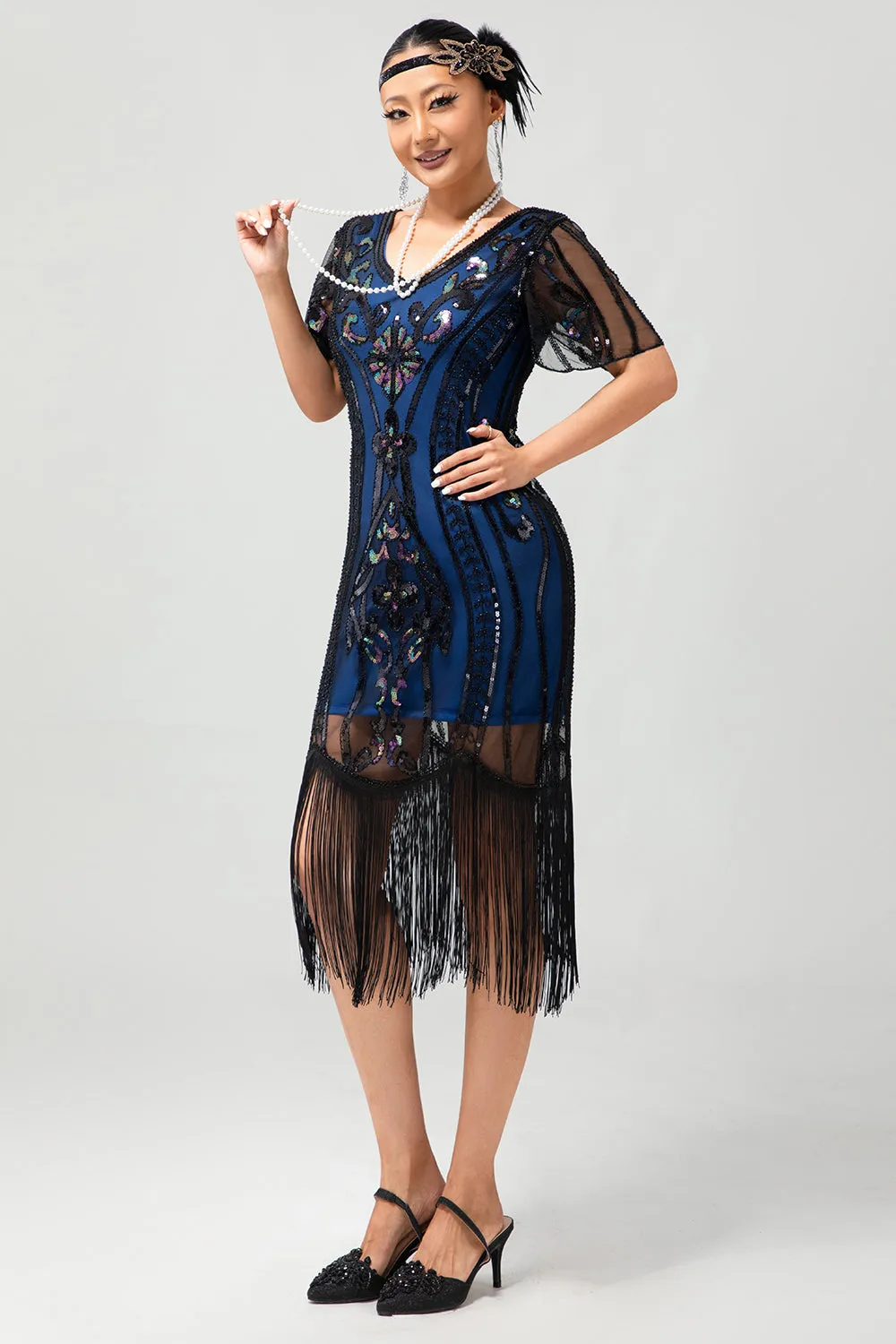 Black Blue Sequin Fringe Scoop Neck 1920s Dress with 5-Piece Accessories Set sold by Zapaka product image thumbnail 5