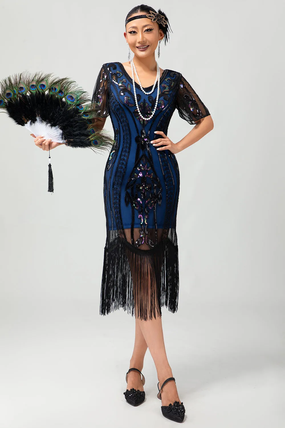 Black Blue Sequin Fringe Scoop Neck 1920s Dress with 5-Piece Accessories Set sold by Zapaka product image thumbnail 2